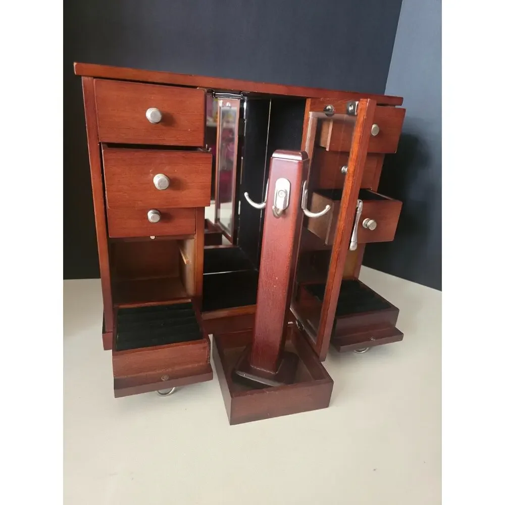 Brown Wooden Jewelry Box w/Mirror Necklace Hooks Drawers